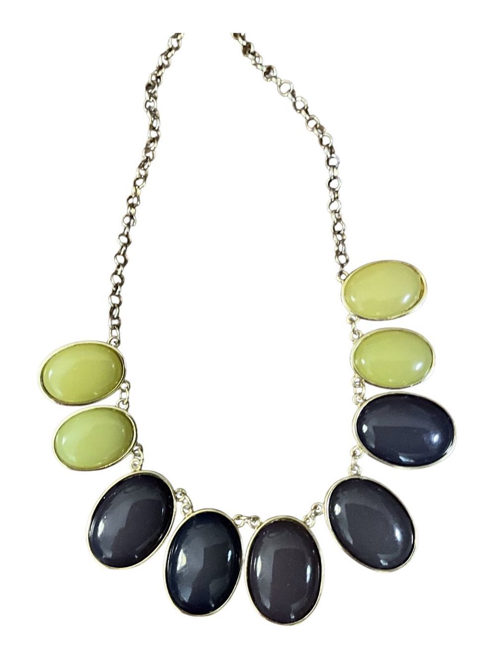 Color Block Gold Tone Oval Cabochon Bib Necklace Chartreuse Gray Adjustable